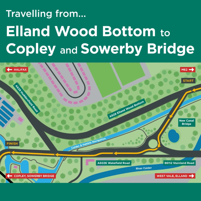 View of the area with arrow linking Elland Wood Bottom to Copley via the new canal bridge and A6026 Wakefield Road.